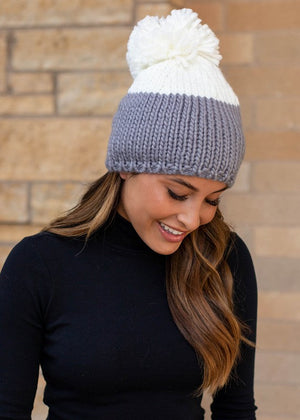 Grey/White Pom Fleece Lined Hat